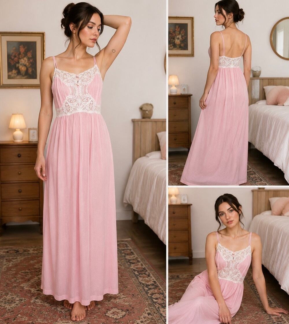 VTG Lily Of France Gown Union Made Pink White Lace BabyDoll Romantic Maxi M